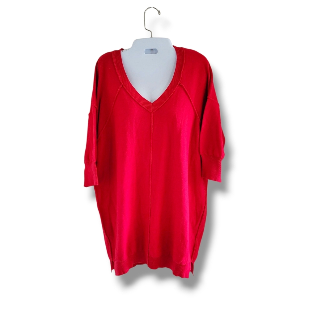 Chaus | Cozy Vibrant Red V-Neck 3/4 Sleeve Knit Tunic Sweater (SIZE S)